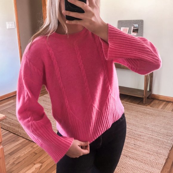 Aqua Sweaters - Aqua 100% Cashmere Crew Neck Wide Sleeve Hot Pink Preppy Colorful Knit Sweater S